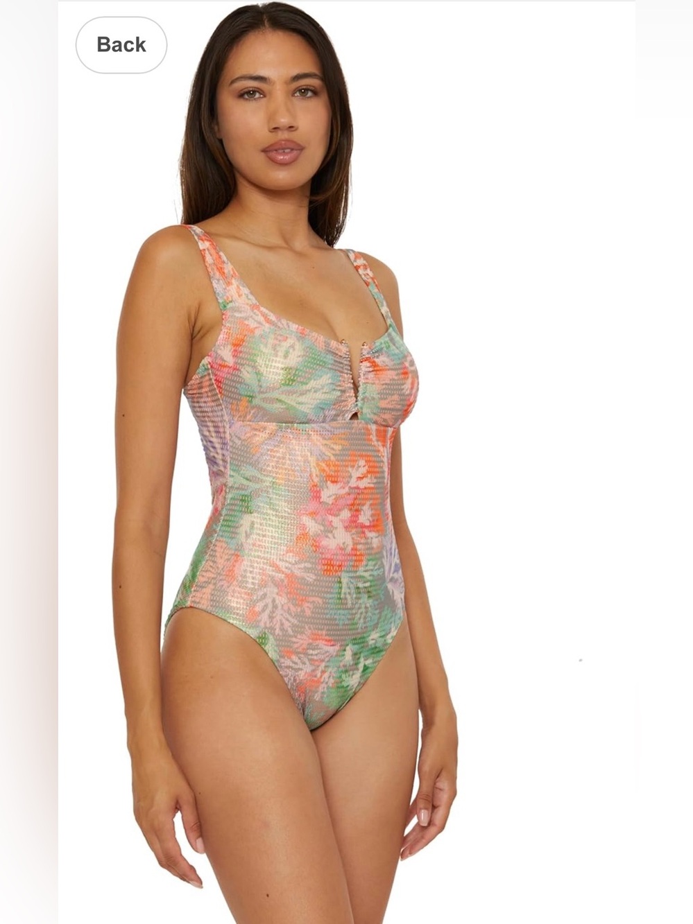 NWT BECCA Coral Reef Floral Textured One-Piece in Coral, Mint & Peach Sz.M